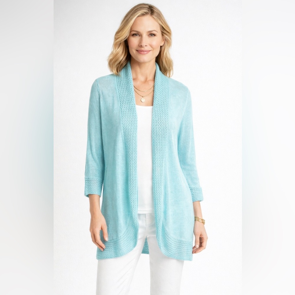 Chicos 3 Open Knit Cardigan Sweater Turquoise Blue Linen Shawl Collar Open Front
